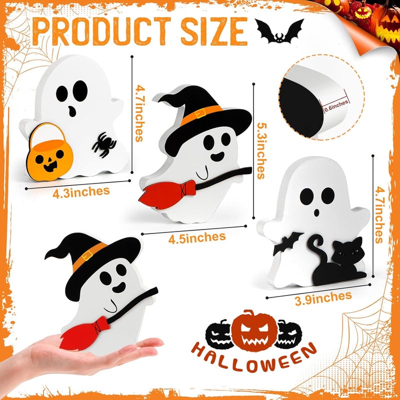 COCHIE Cute Ghost Halloween Decorations Indoor, Wooden Tiered Tray Decor Table Sign Set of 3, Black Cat Bat Witch Broom Signs Pumpkin Blocks for Party Home Shelf Display (A-Ghost) - Image 2
